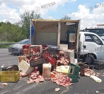 Caminhão derruba carga carnes na bandeirantes