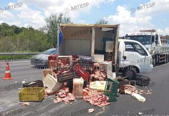 Caminhão derruba carga carnes na bandeirantes