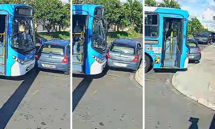 Onibus arrasta carro