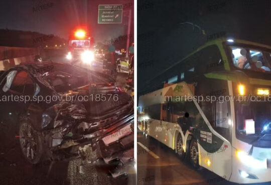 Carro de luxo capota e bate em Ònibus em jundiai