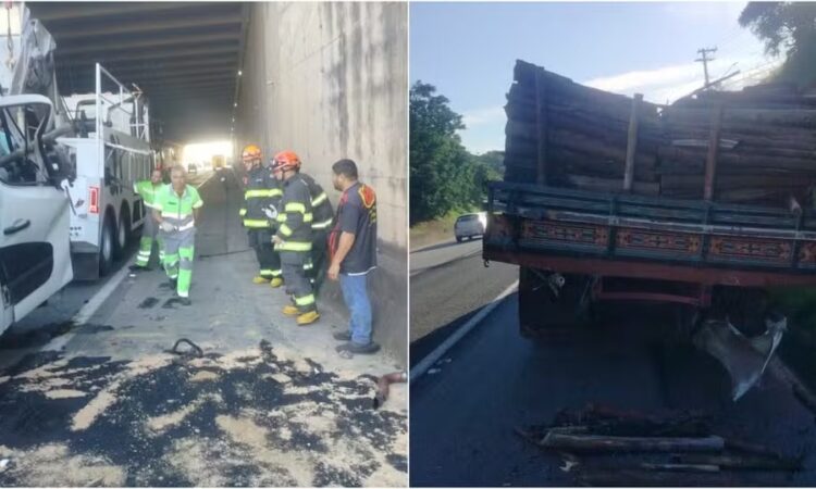 Colisão em rodovia cabreuva caminhão lenha